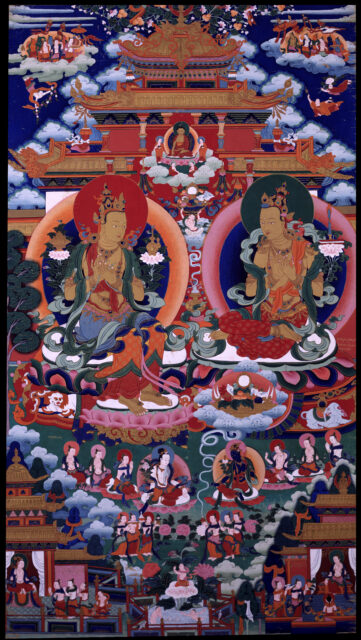 Two Bodhisattvas glance at one another while seated on lotus platforms before pagoda-roofed structure