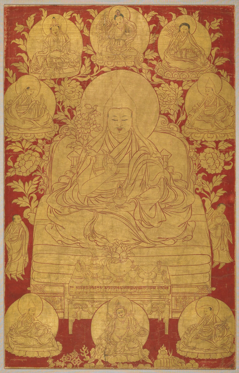Painting in gold on red background depicting Dalai Lama, seated at center, surrounded by portraits and foliage