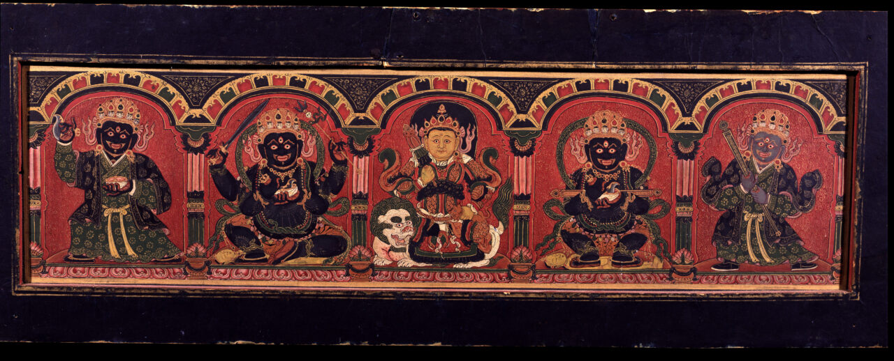 Rectangular painting depicting crowned figure and four wrathful deities standing in dynamic poses underneath arches