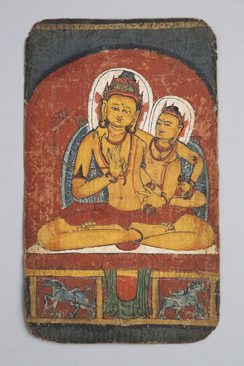 Buddha wearing crown and red dhoti, left hand in mudra at chest, consort appearing at right shoulder
