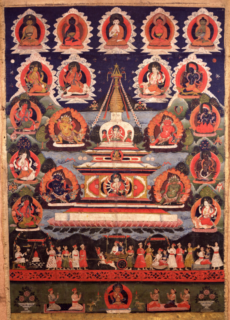 Painting depicting white stupa adorned with deities floating above landscape, surrounded by deity portraits