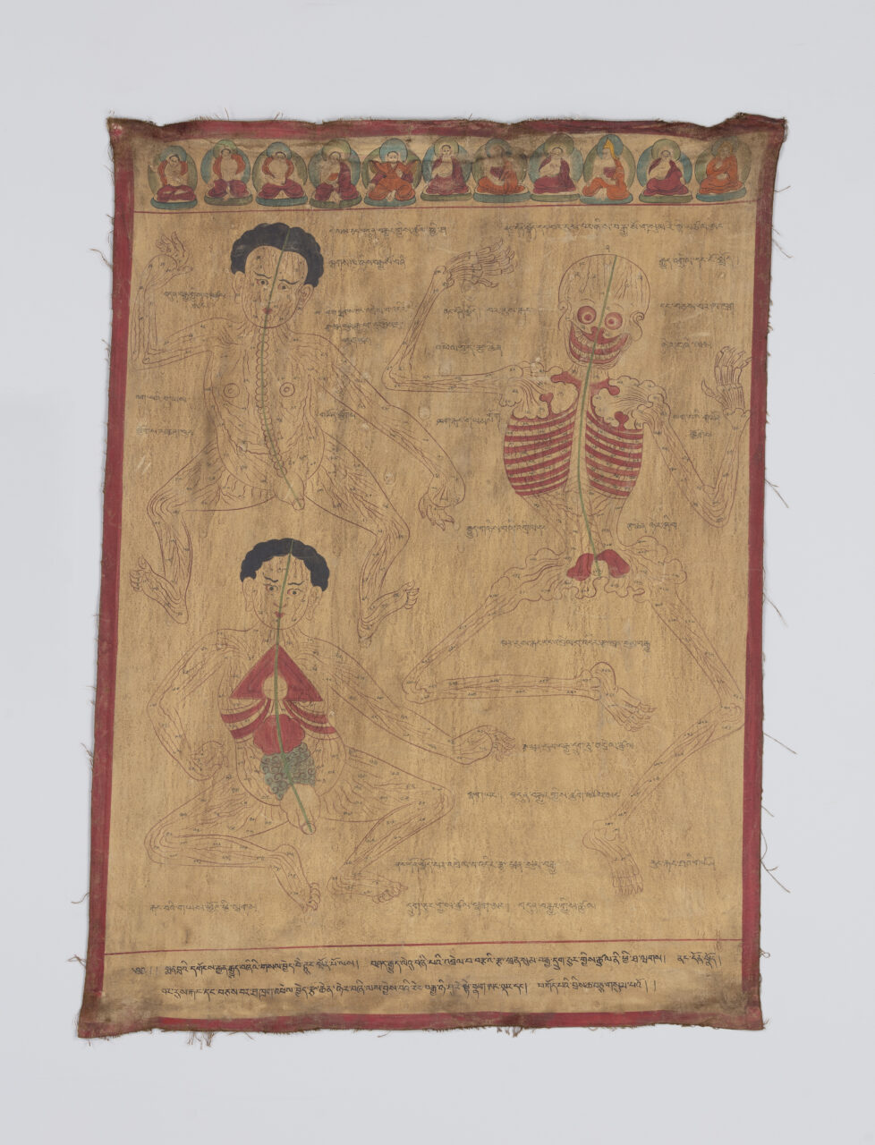 Painting on beige textile depicting three full-body anatomical studies featuring écorché at right