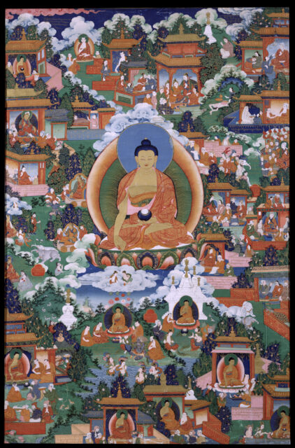 Buddha hovers, left hand extended towards ground, above mountainous landscape dotted with buildings and groups of figures