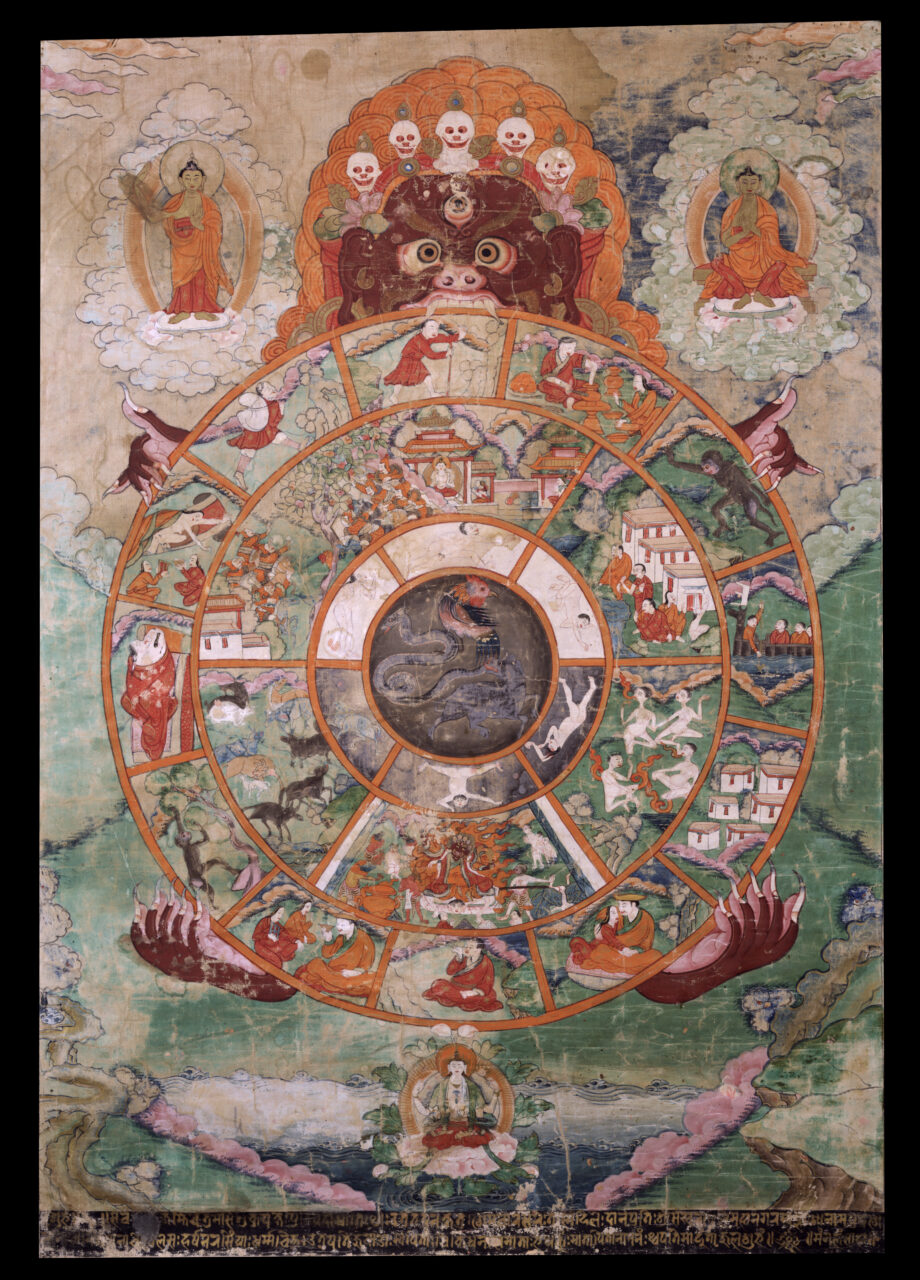 Wrathful deity holds wheel decorated with five main scenes and multitude of smaller images, scenes, and portraits