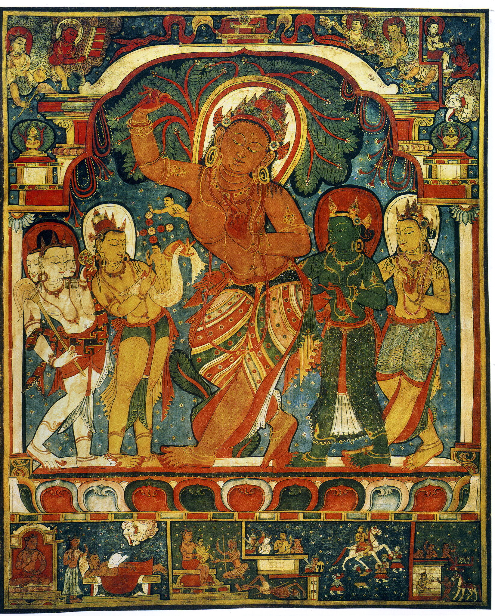 Richly colored deities in garden setting surrounded by various figures and scenes in miniature