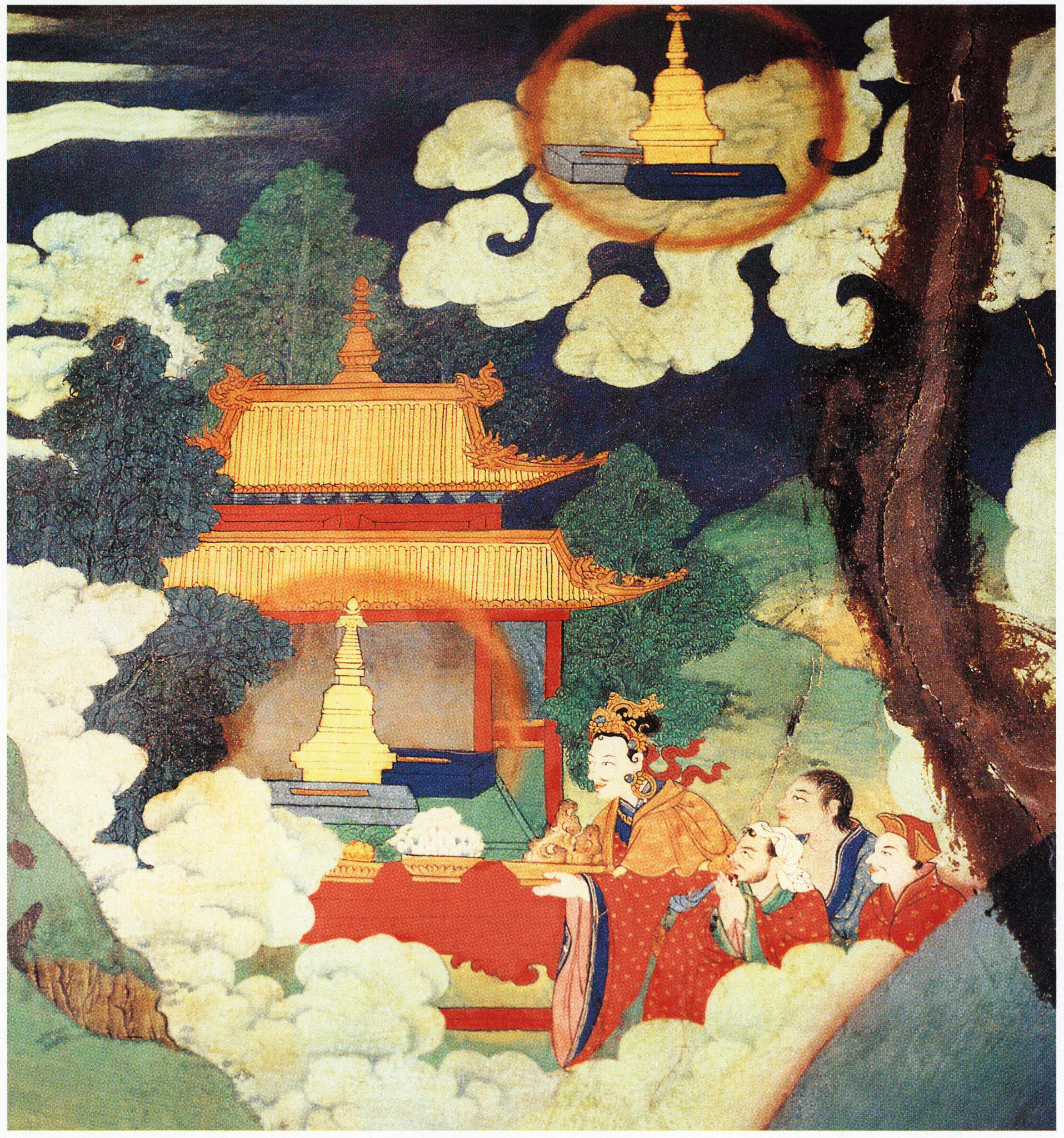 Worshippers place offerings before golden stupa and temple; second stupa floats on clouds above them