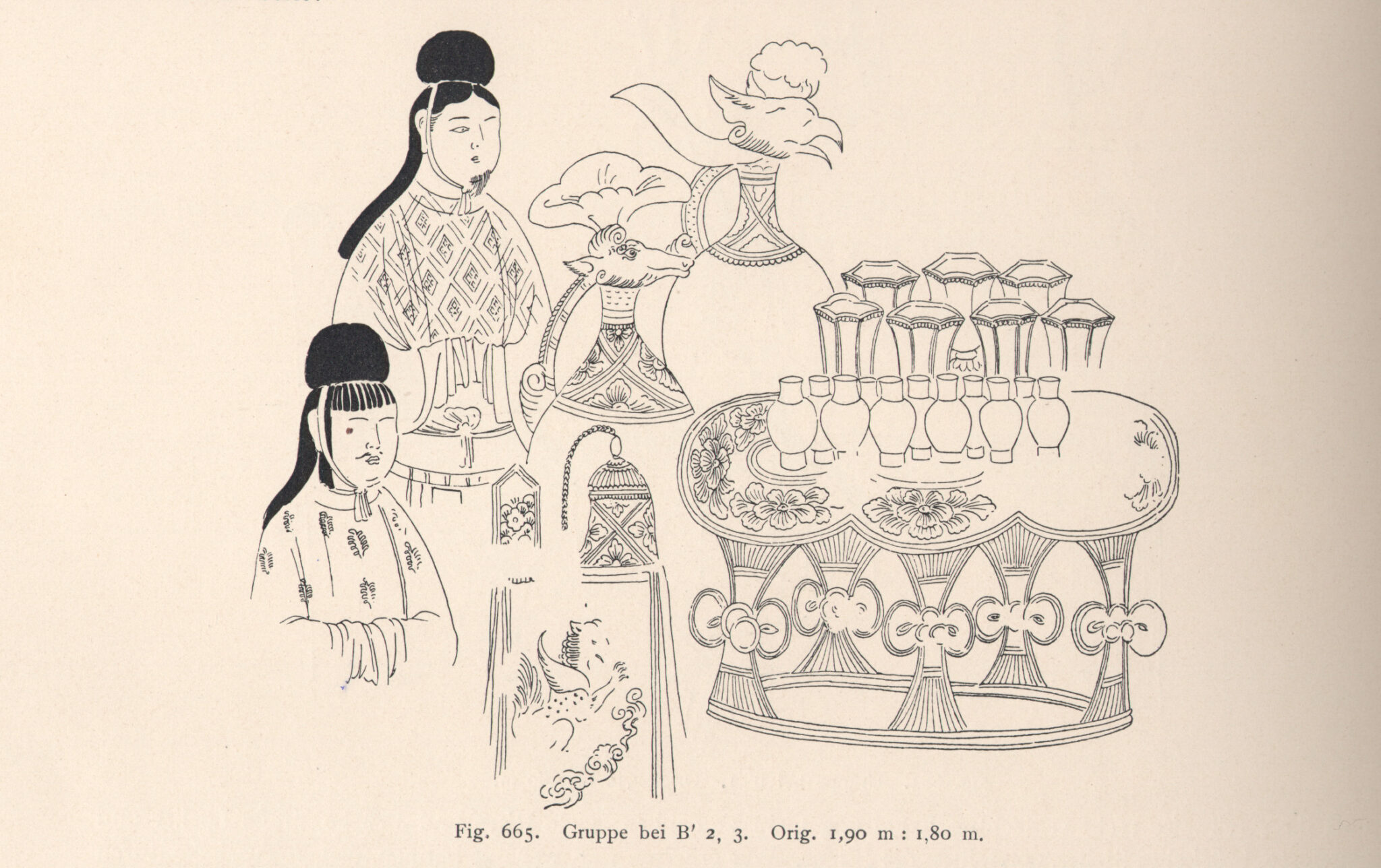 Line drawing featuring two robed figures, two ewers with animal head spouts, and table set with small vessels; German text at bottom