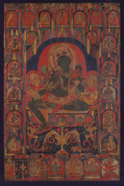 Green-skinned bodhisattva seated on lotus pedestal and flanked by attendants; enclosed within border of deity portraits