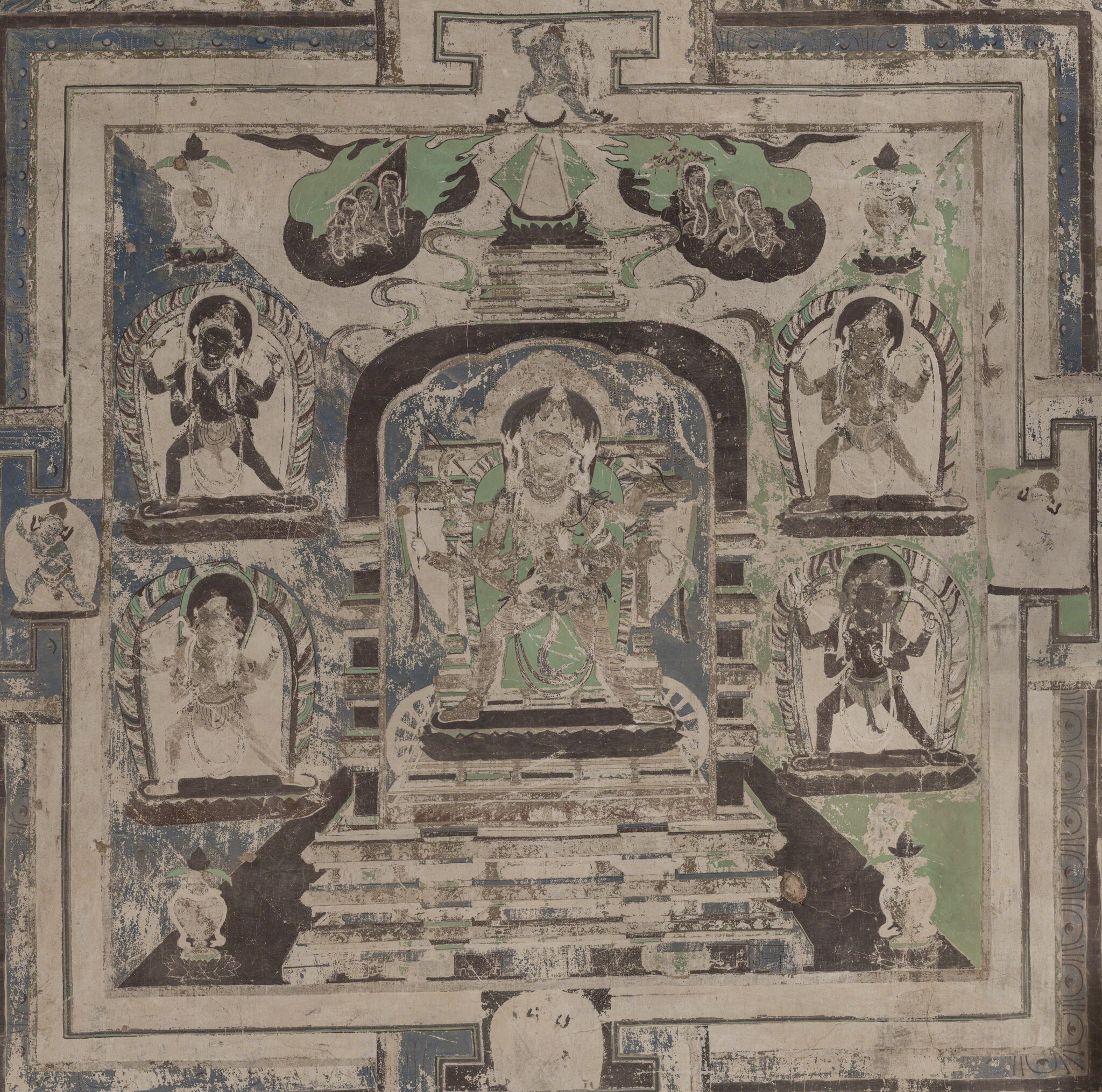 Central deity and four smaller deities positioned within square enclosures, depicted in green, blue, and black