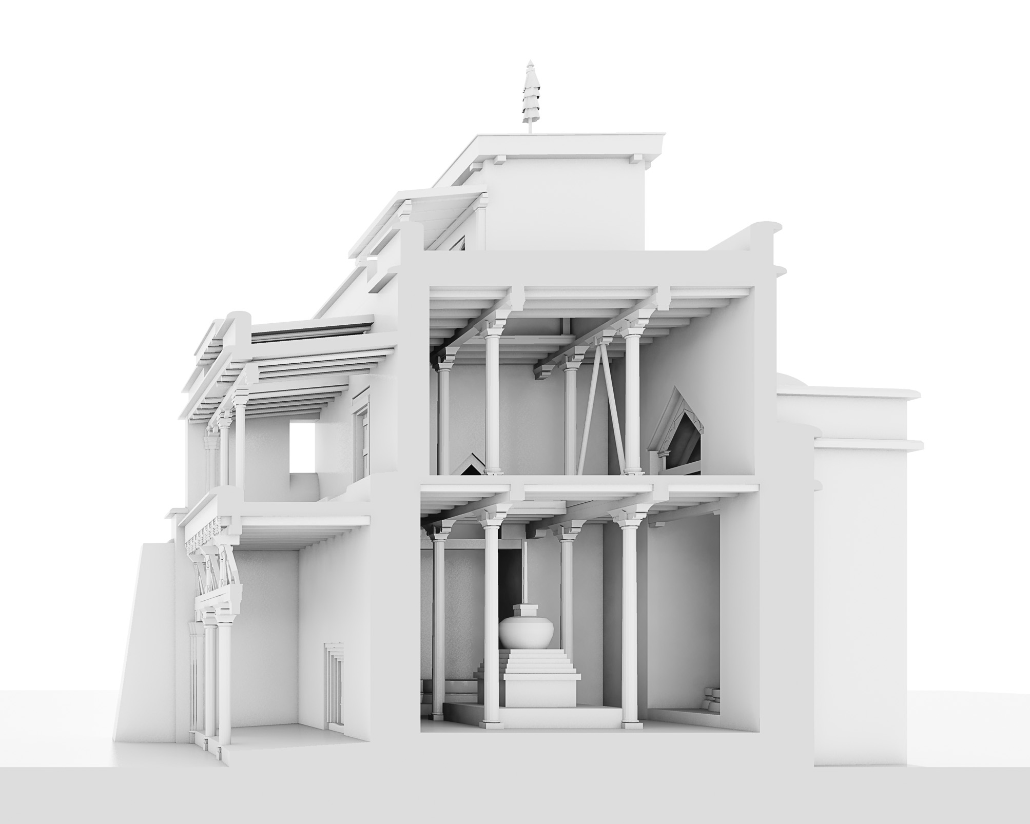 Three-dimensional, grayscale rendering of three-story temple with cross-section revealing interior structural and devotional elements