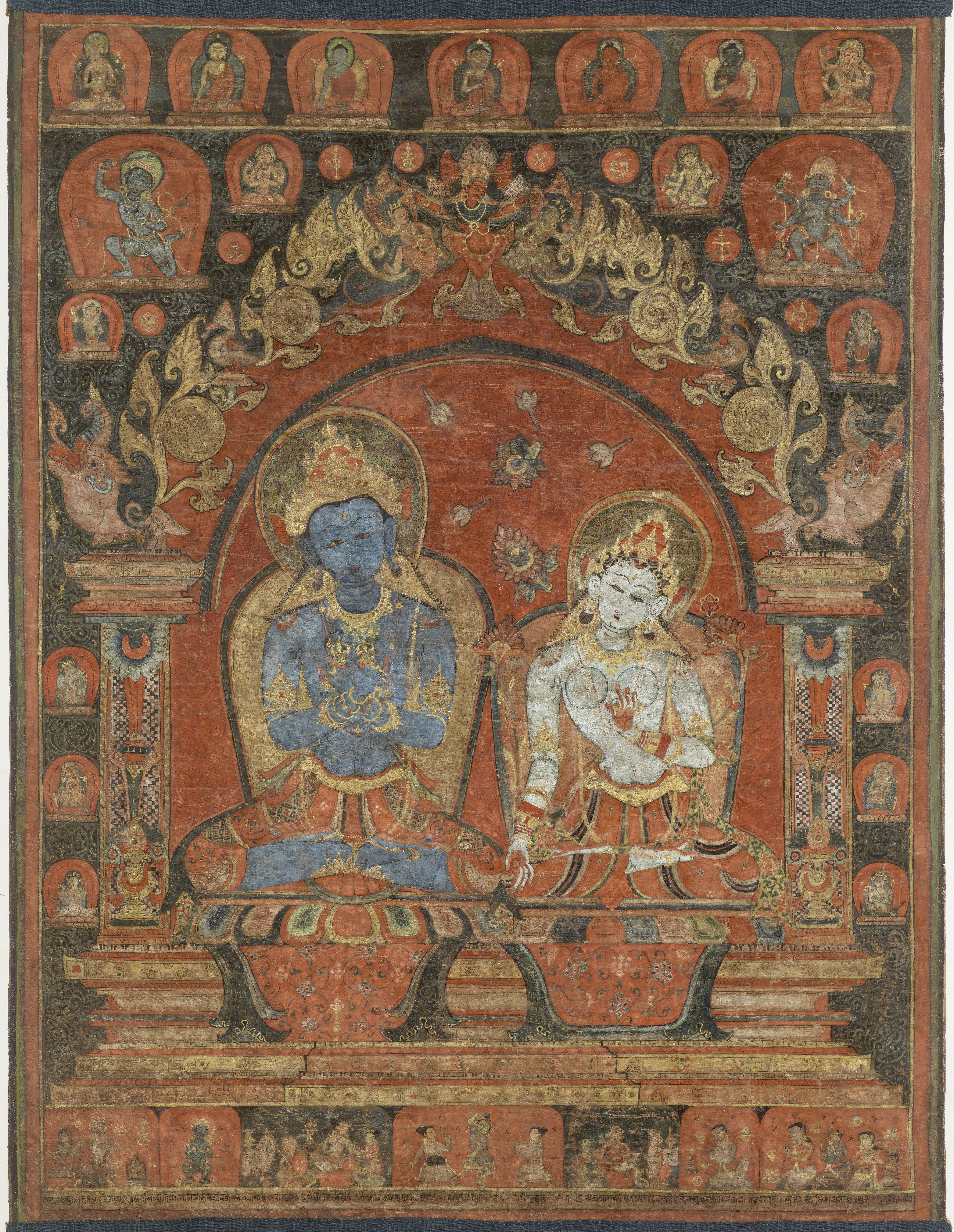 Buddha and female companion seated on double lotus throne, surrounded by deities in red nimbuses