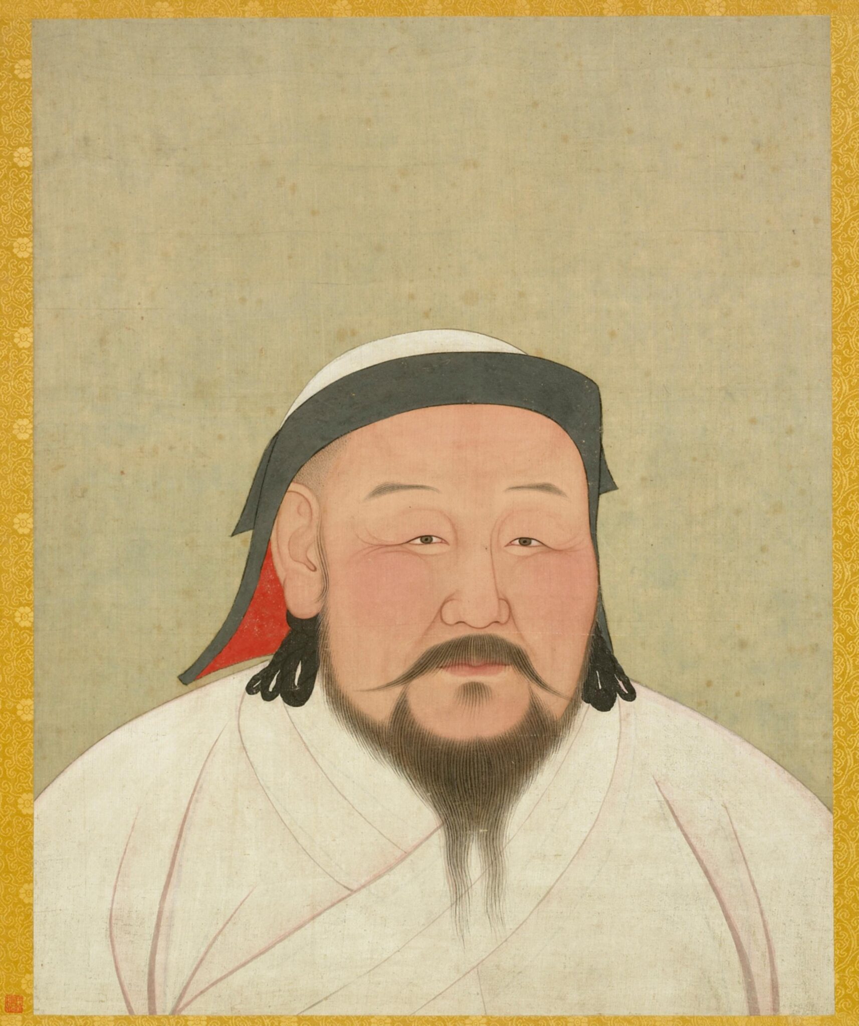 Three-quarter portrait of bearded man; framed and separated by yellow border