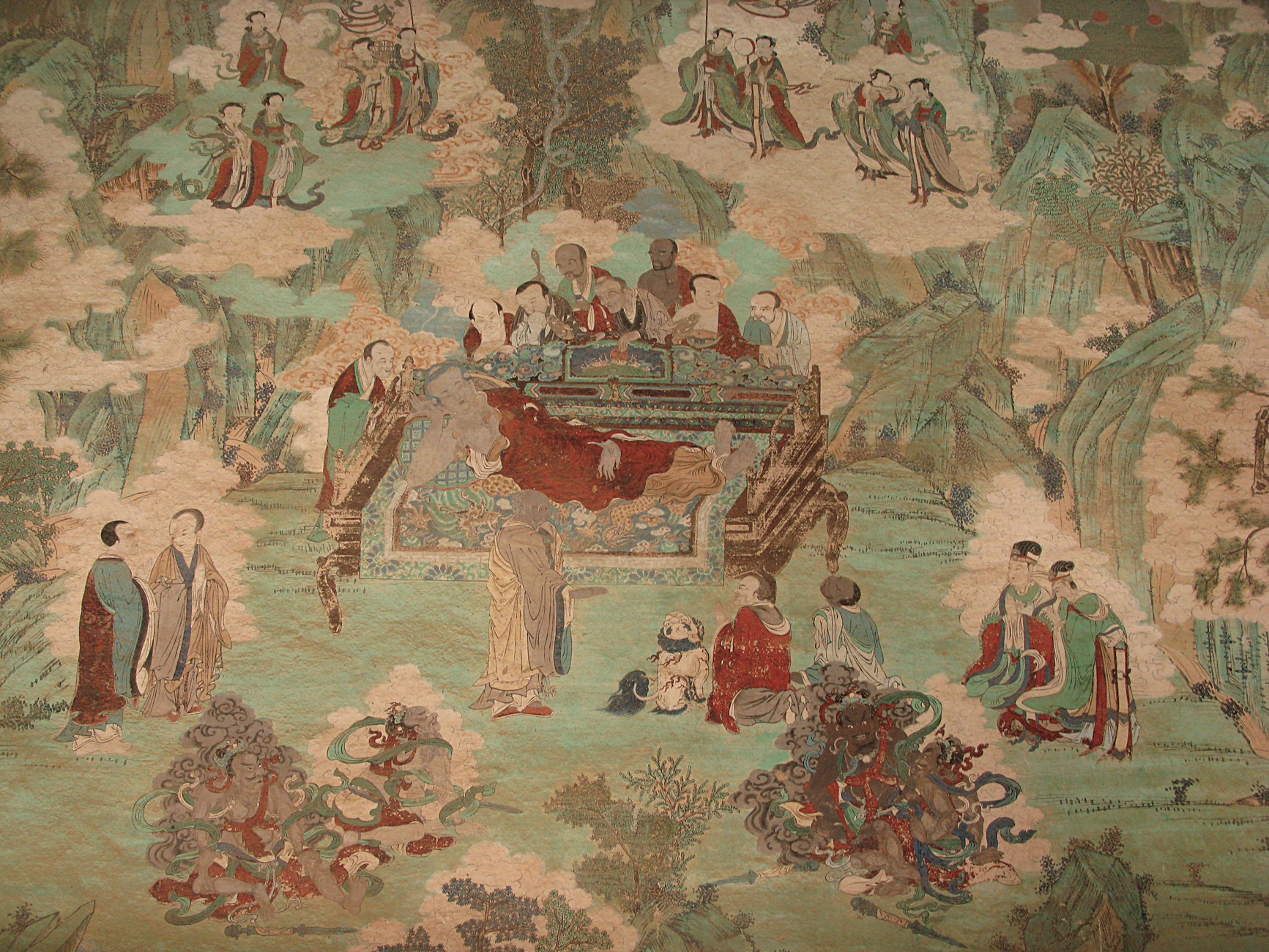 Figures crowd around bed supporting red-robed figure in center of landscape featuring duos conversing and floating on clouds