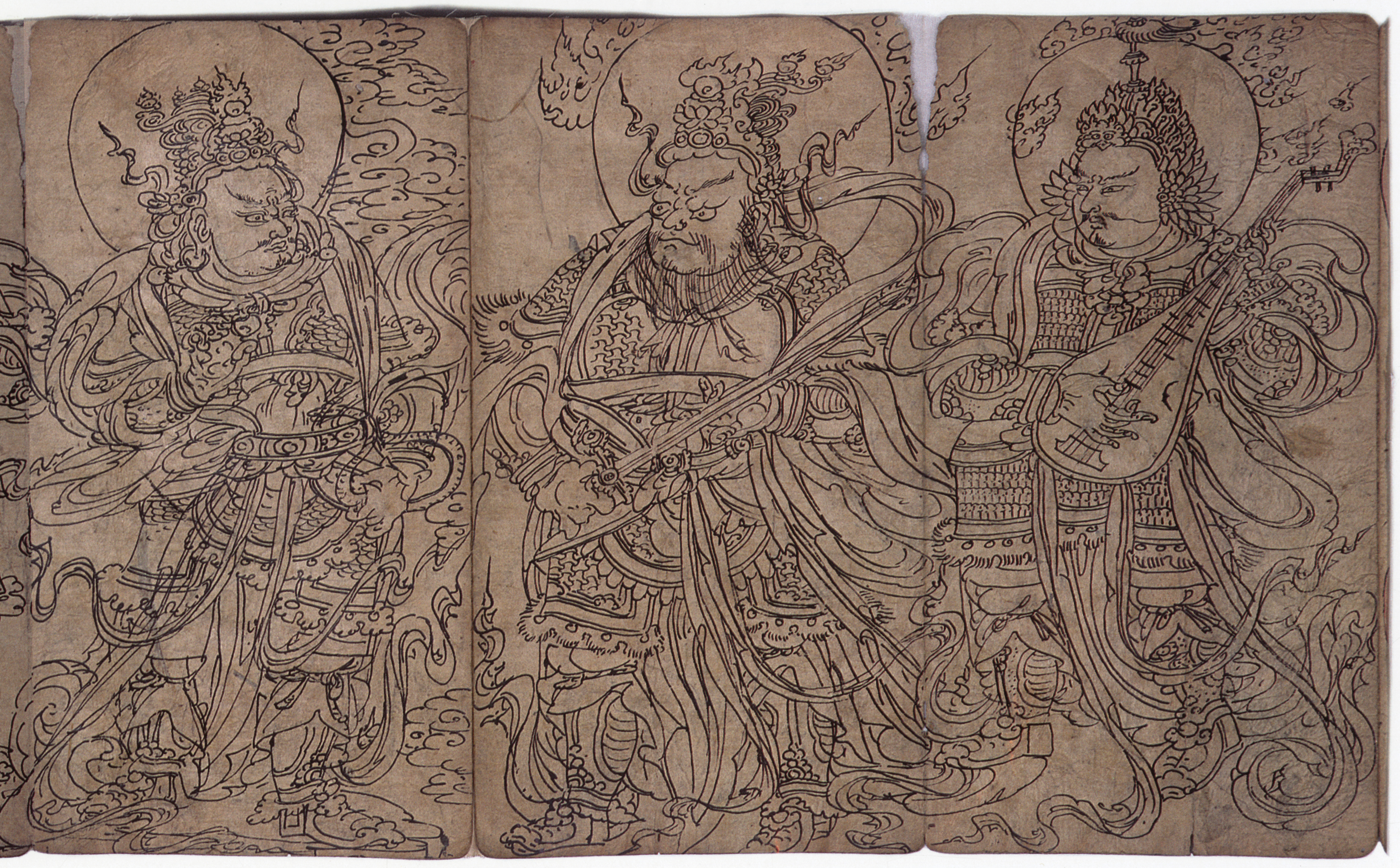Line drawing on three panels of paper depicting three deities wearing extravagantly unfurling garments