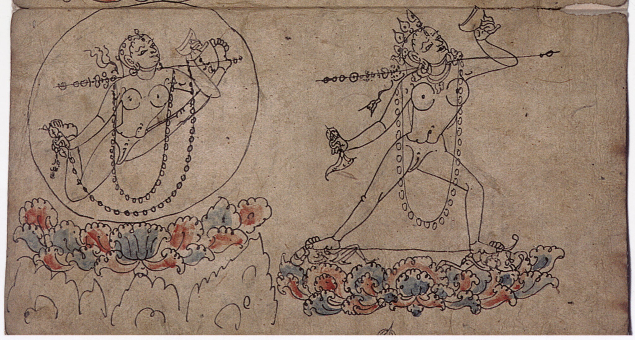 Line drawing depicting two goddesses in dynamic poses, faces upturned, atop blue and red lotus pedestals