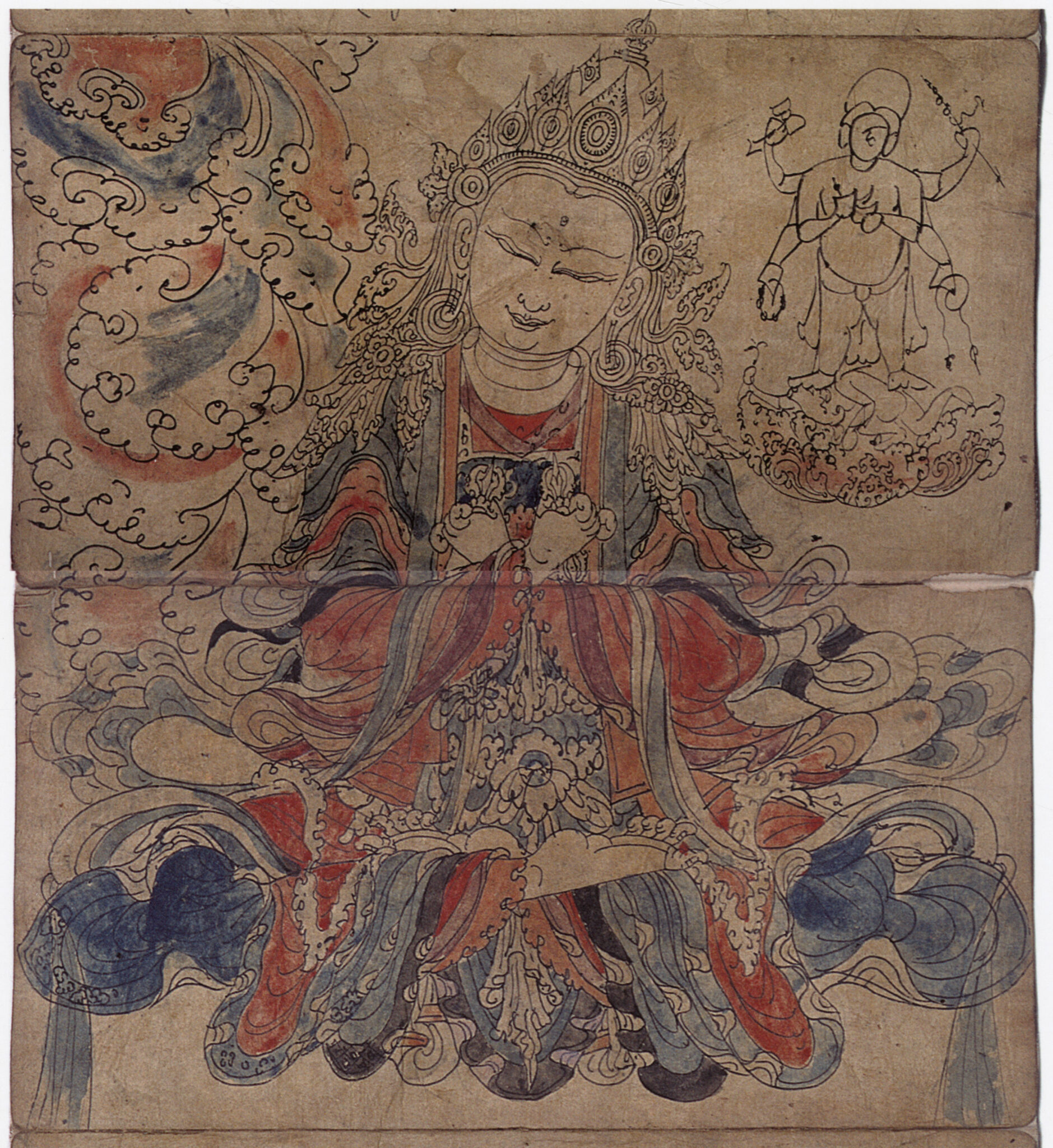 Line drawing on two panels of paper depicting Buddha in resplendent robe holding religious implements at chest