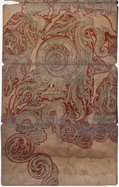 Three panels of paper bearing florid, sprawling illustration outlined in red ink: scrollwork whorls, birds, fantastical creatures