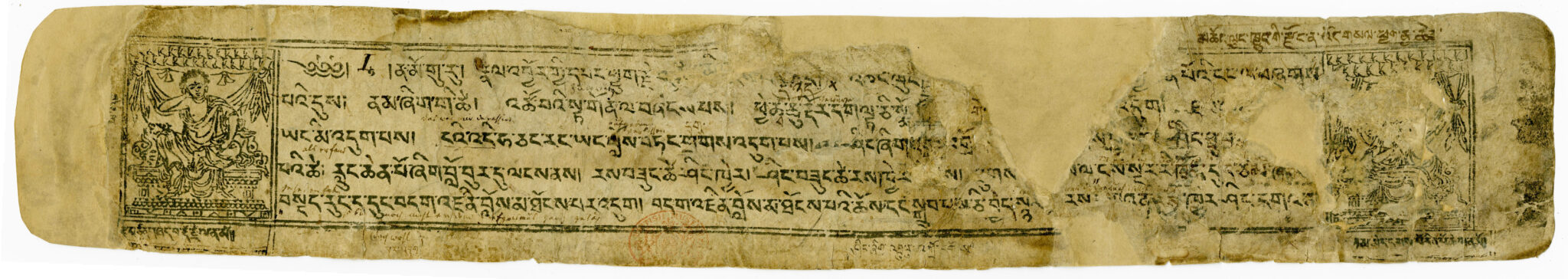 Rectangular tea-brown page featuring Tibetan text and illumination at left; fragments missing from right side