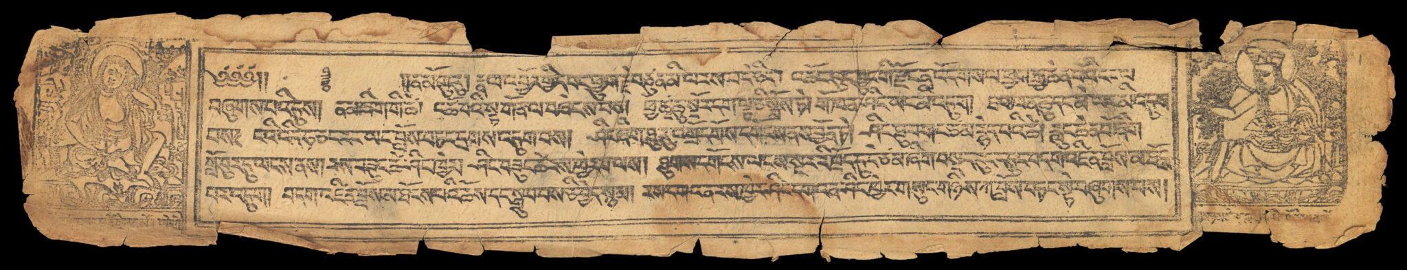 Rectangular tea-brown page featuring Tibetan text flanked by illuminations; edges of page frayed and worn