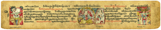 Rectangular, turmeric-yellow page featuring Tibetan text and three illuminations in color depicting fantastical creatures and figures