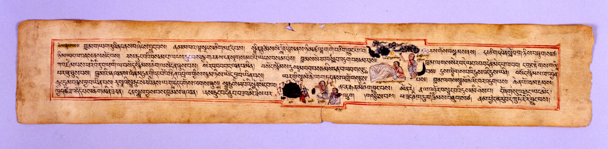 Tea-brown page with red border featuring Tibetan text and two color illuminations depicting scenes interspersed amongst text
