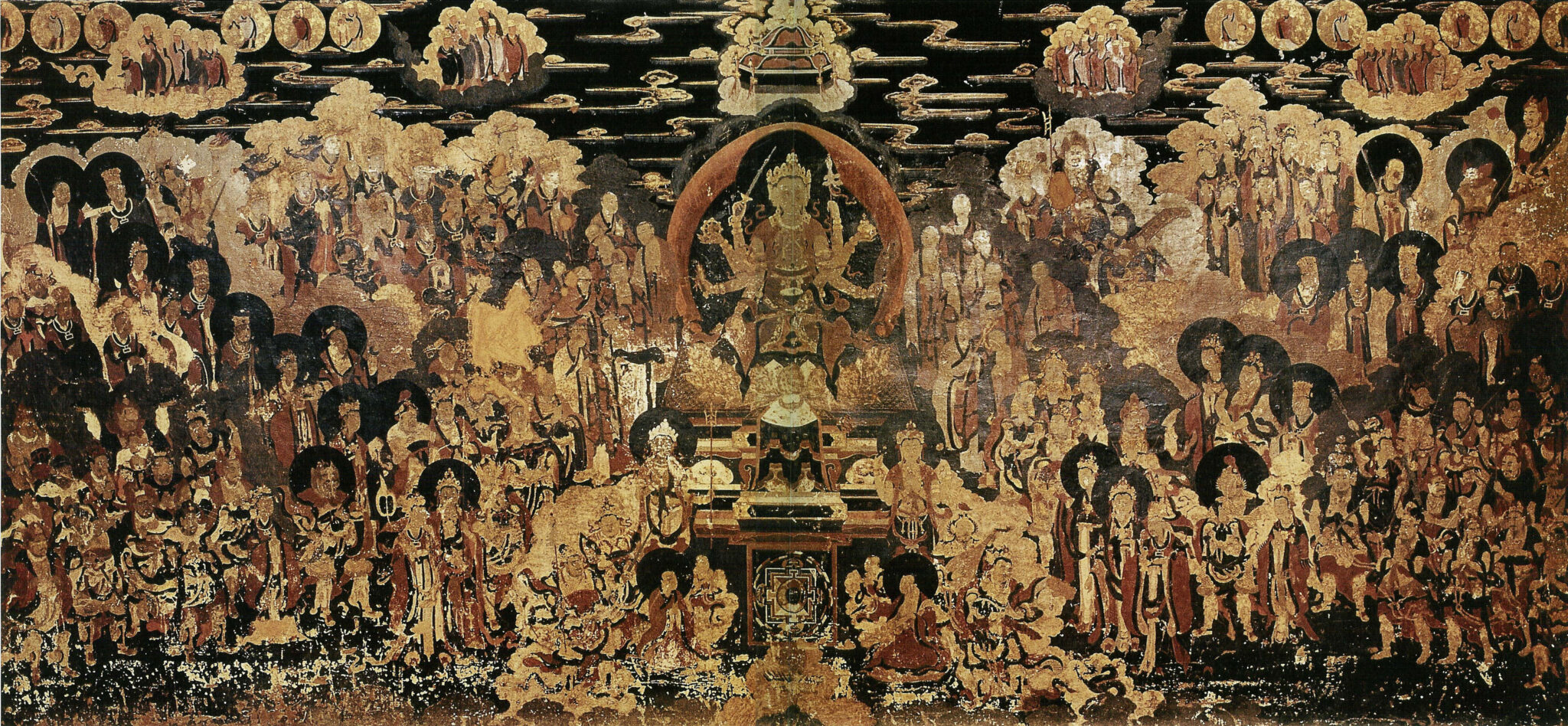 Large group scene depicting Bodhisattva under black sky surrounded on all sides by scores of attendants