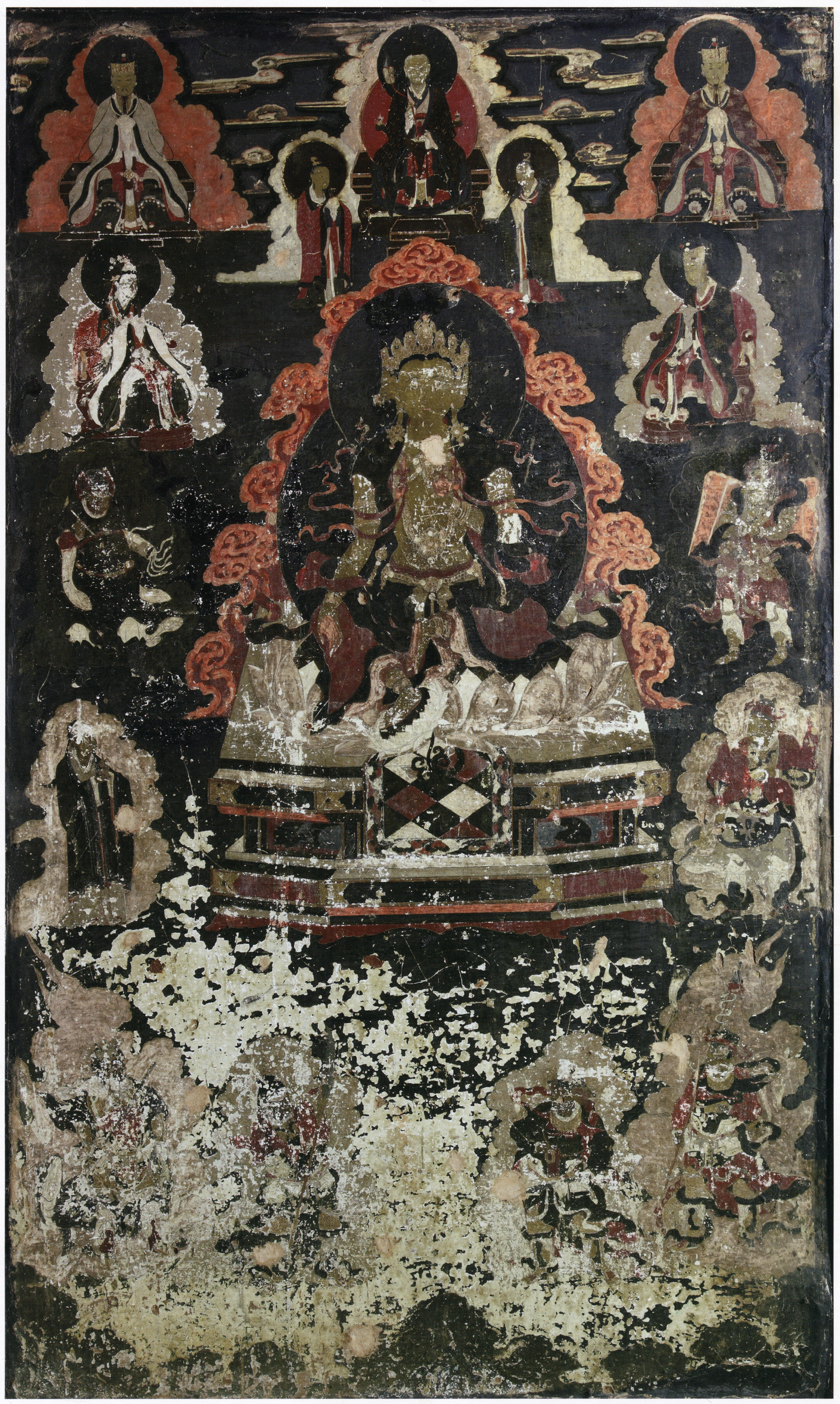 Mural depicting seated Sage surrounded by portraits amidst clouds against black background