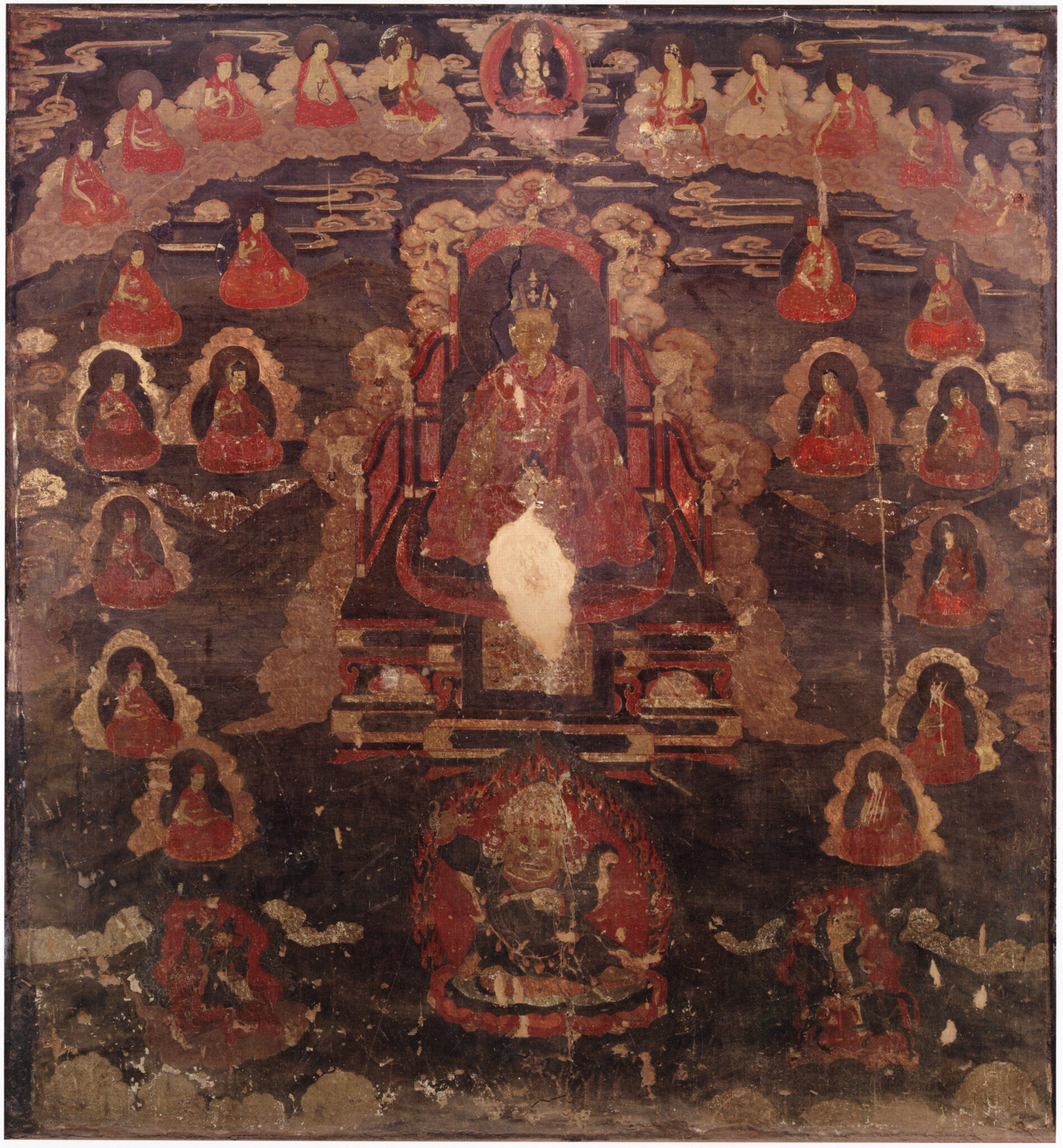 Mural in red oranges depicting figures suspended amongst clouds gathered around central seated figure