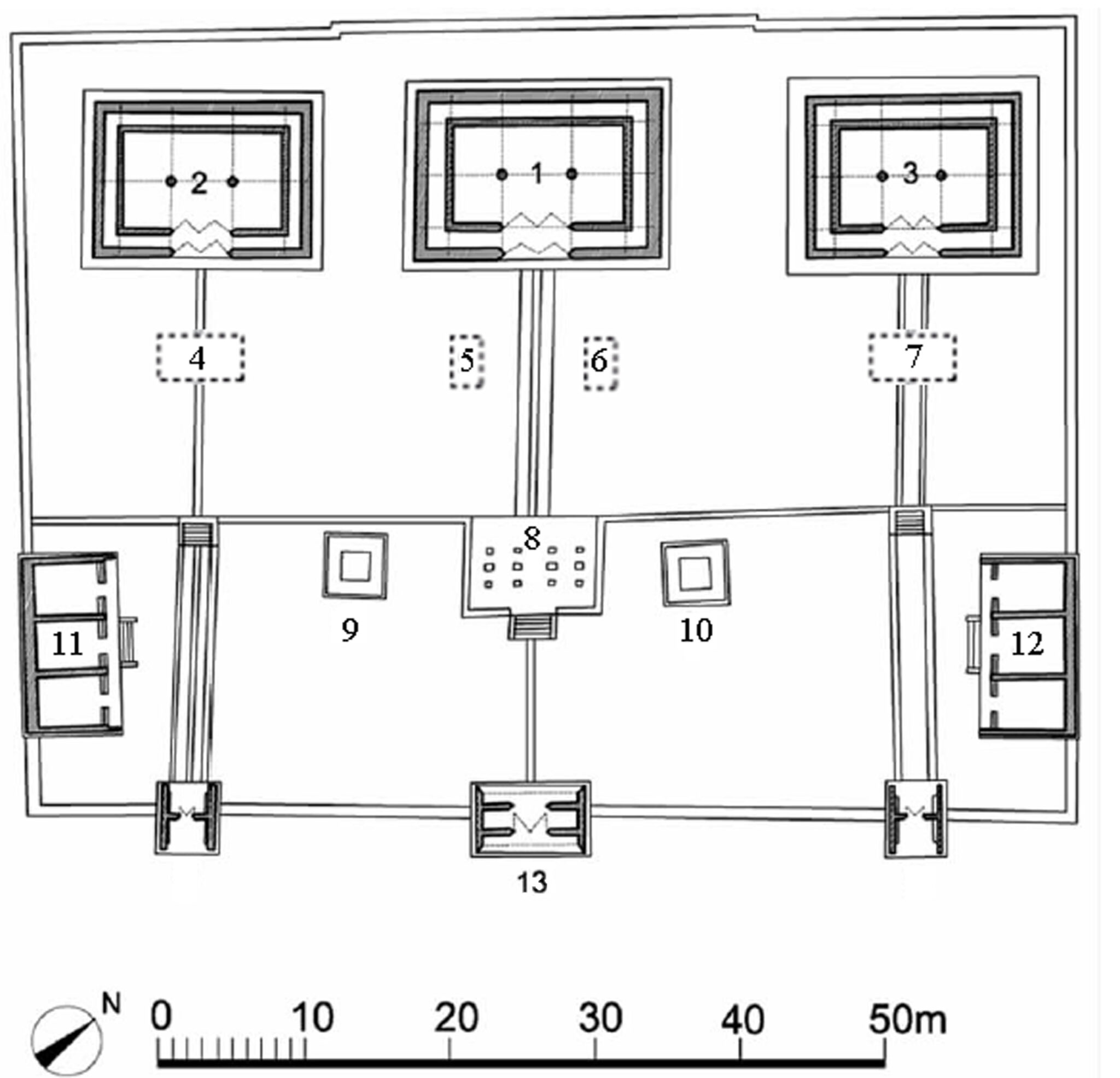 Black and white diagram describing architectural footprint of temple complex with component structures numbered