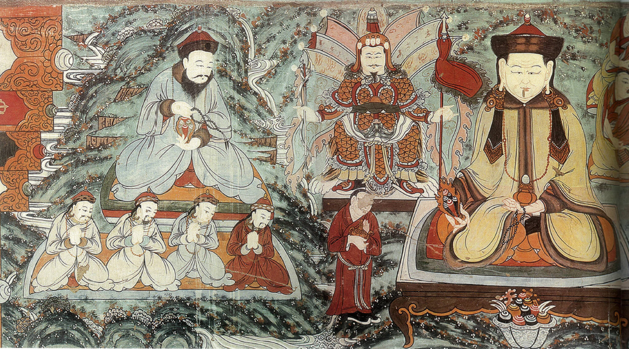 Mural depicting monarch at right with family members and attendants arranged to his left