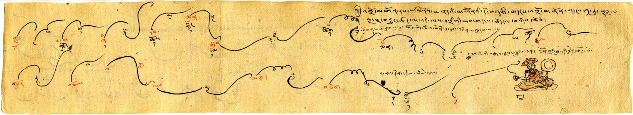 Two lines of arabesques marked with red ink on sepia paper; text and illumination at right