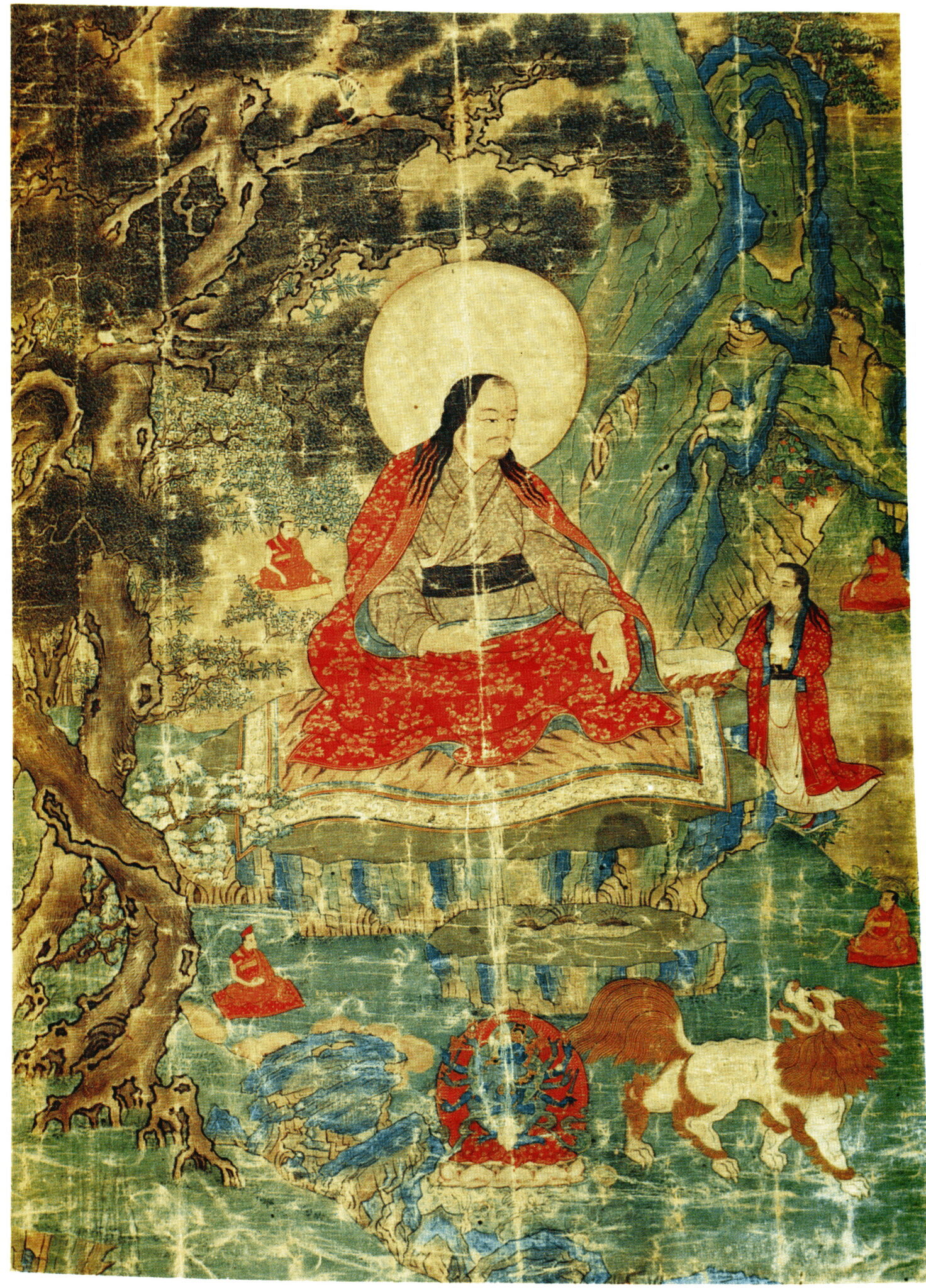 Lama wearing red brocade robe seated before body of water amidst trees, animals, and attendants