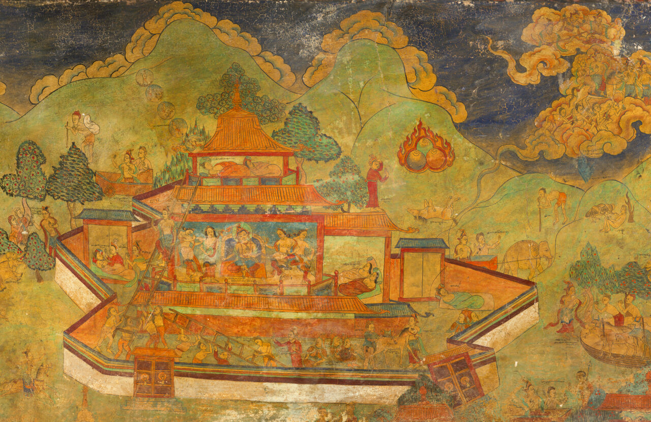 Detail of mural depicting walled complex populated by multiple figures situated in green mountain valley