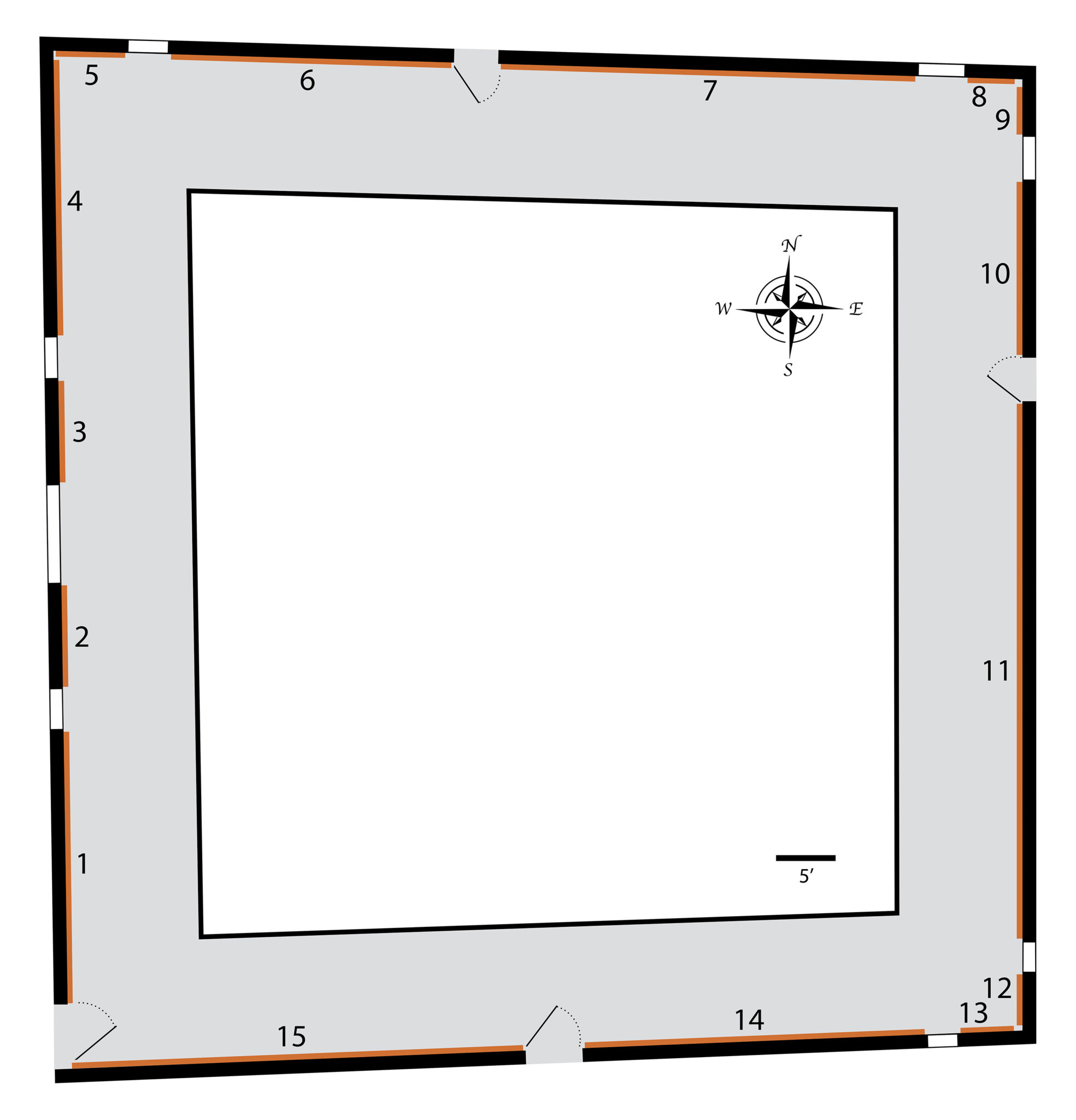 Numbered, square diagram describing placement of murals in temple decoration; compass at top right, bar scale at bottom right