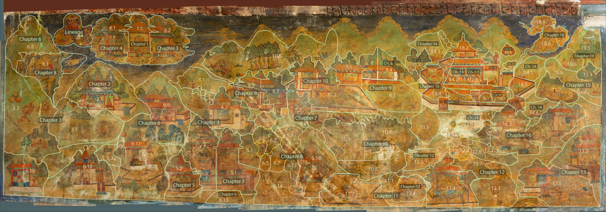 Text boxes and faint lines describe and delineate component parts of mural depicting mountain landscape