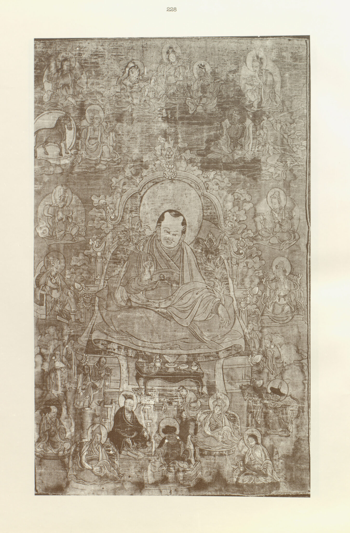 Monochrome woodblock print depicting seated regent gazing below at attendants, surrounded above by deity portraits