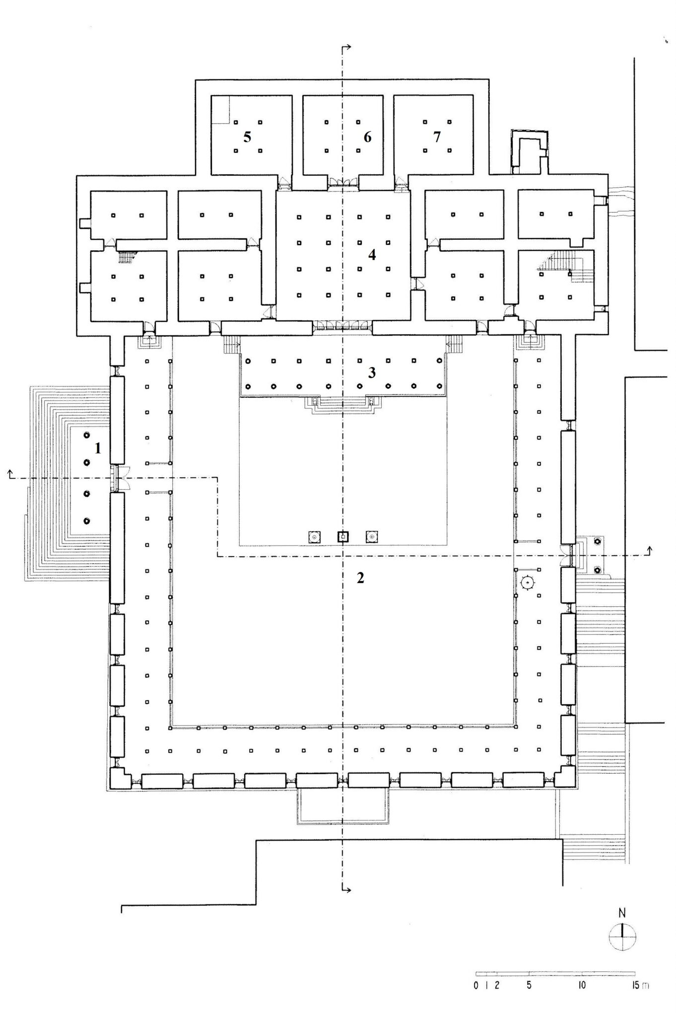 Floorplan in black and white of monastery with component structures numbered; scale and compass at bottom right