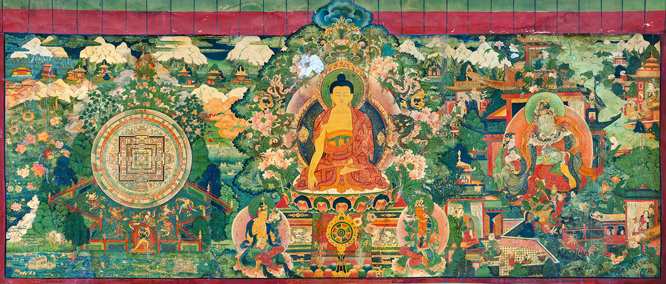 Panoramic mural depicting Buddha at center flanked by mandala at left and monarch at right