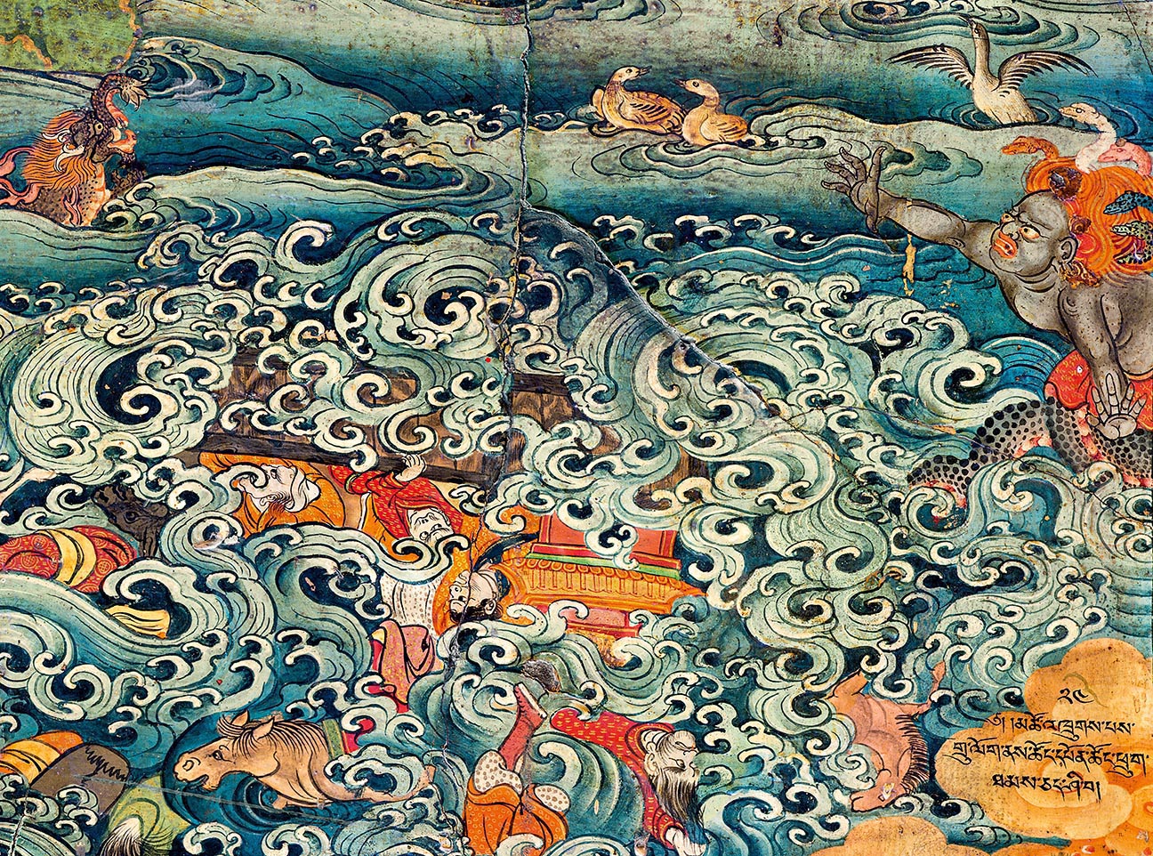 Mural depicting boat, animals, and humans sinking below stylized, frothing waves with wrathful snake deity at right
