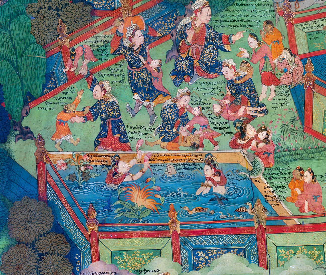 Mural depicting pool of water inhabited by snake deities surrounded by playing and dancing adults and children
