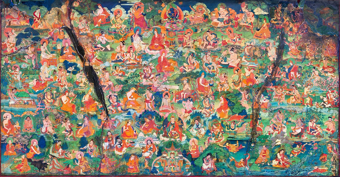 Mural on cracked surface depicting green landscape populated by dozens of figures in all manner of dynamic poses
