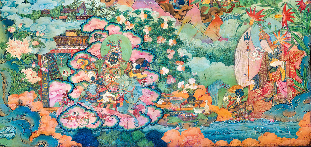Mural depicting deity mounted on horseback amid swirling pink and blue cloud at left, seated Guru at right