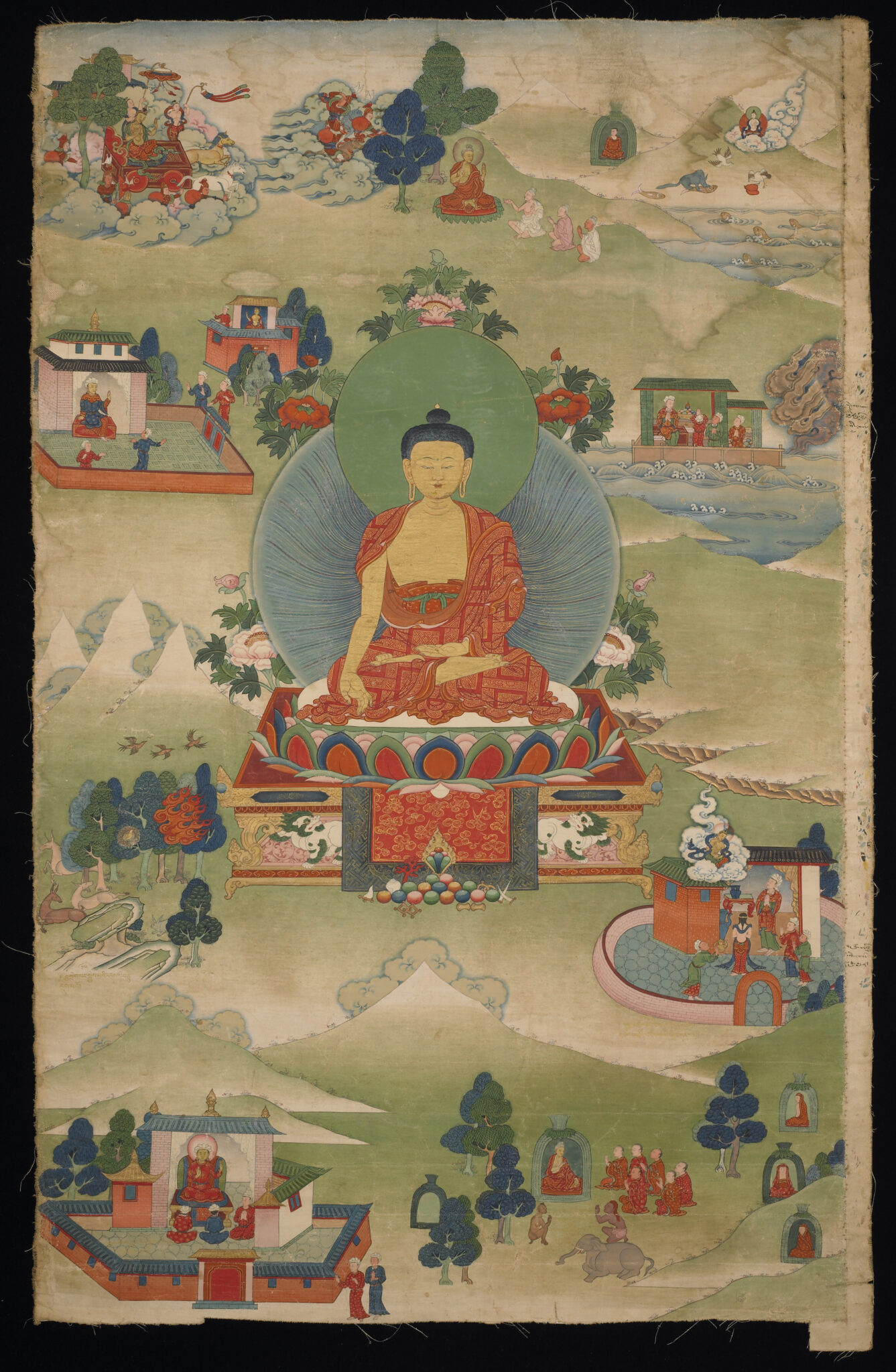 Buddha seated in meditation amidst landscape replete with buildings, vegetation, and figures enacting various scenes