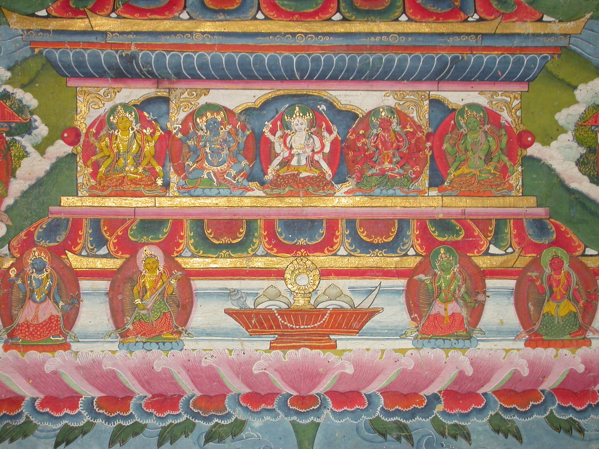 Detail of plinth supporting lotus pedestal featuring nine deity portraits and dish containing gold and white implements