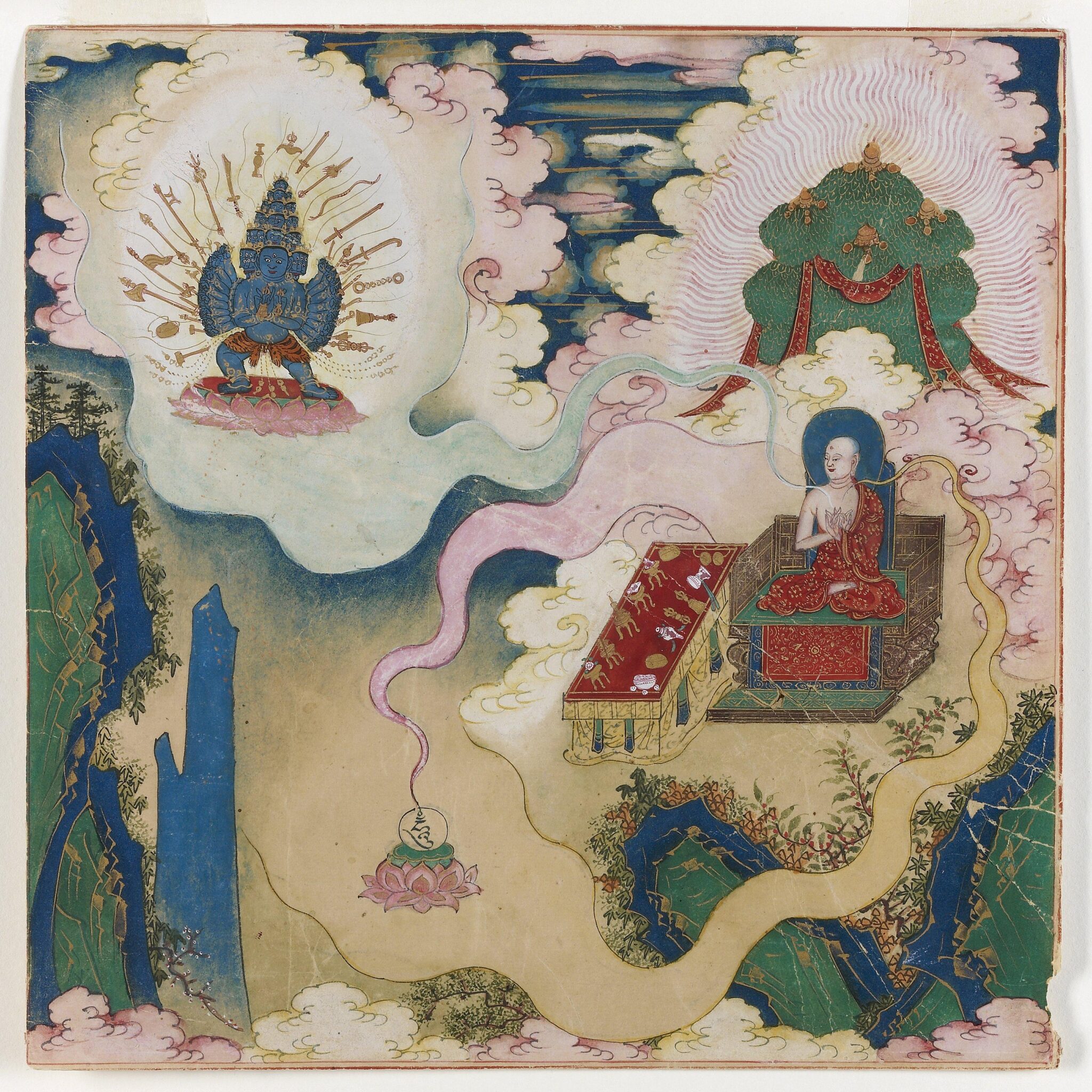 Figure at right gazes through tendrils of yellow, pink, and blue vapor at blue deity supported by cloud