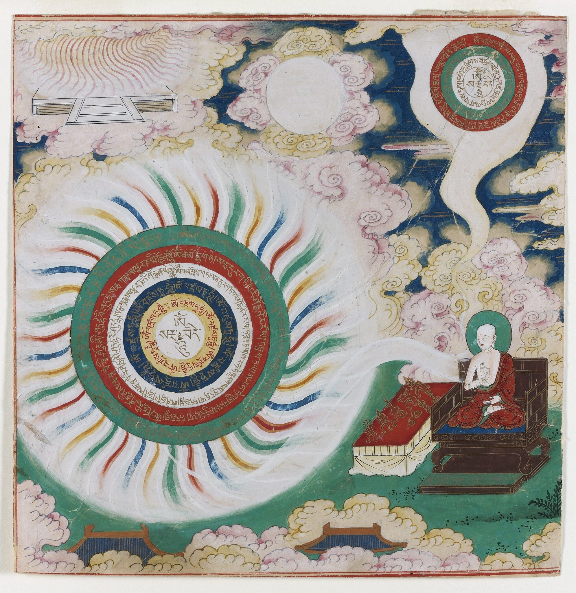 Disc composed of concentric circles with rainbow-colored outer fringe emanates from figure seated at bottom right