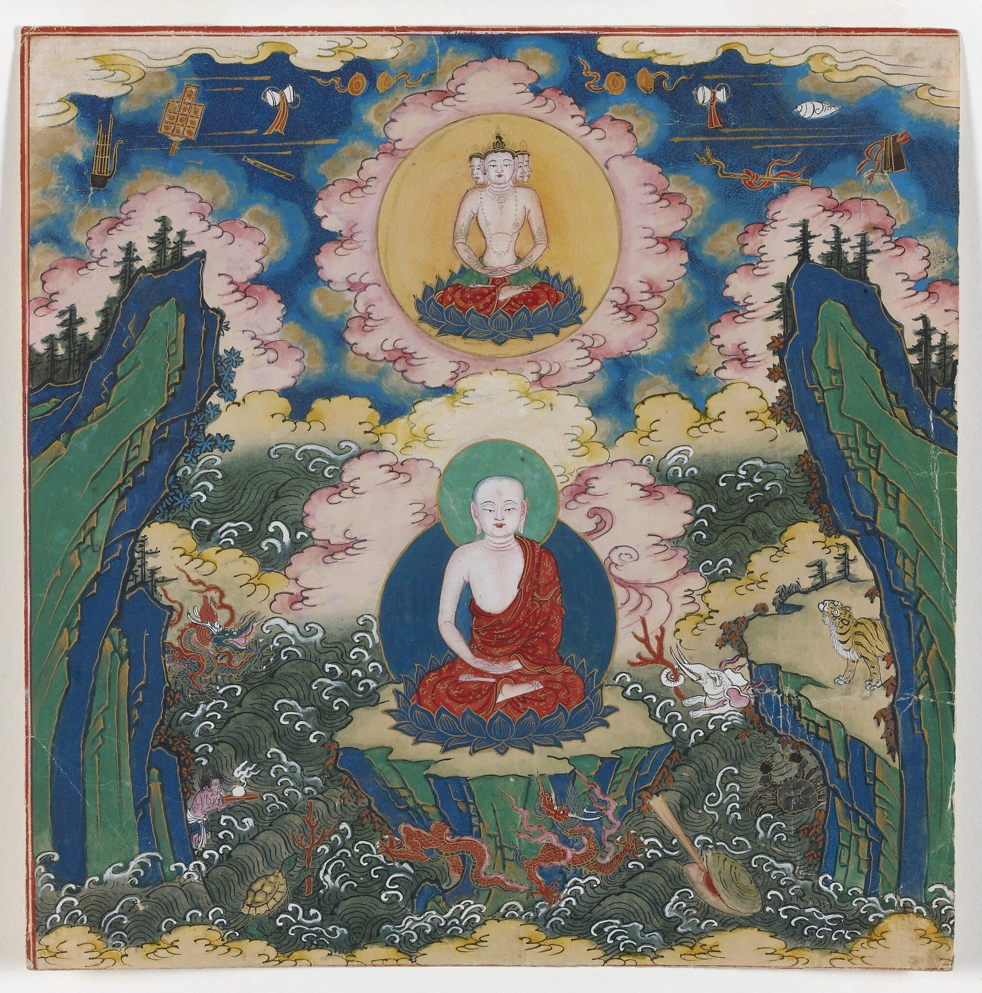 Figure wearing red robe seated in meditation within rocky landscape underneath three-headed deity in roundel