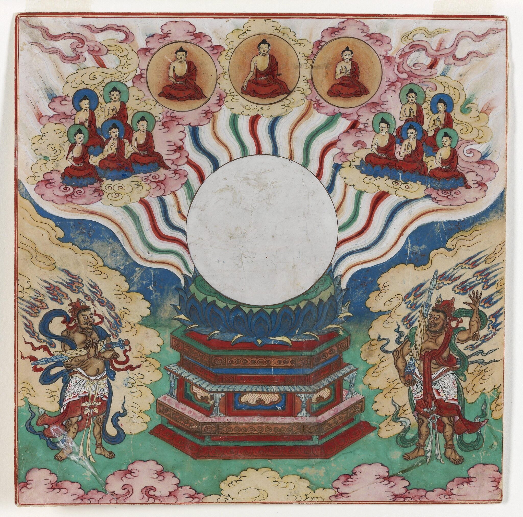 White orb resting on lotus pedestal flanked by wrathful deities; orb emanates rainbow tendrils leading to Buddhas and attendants