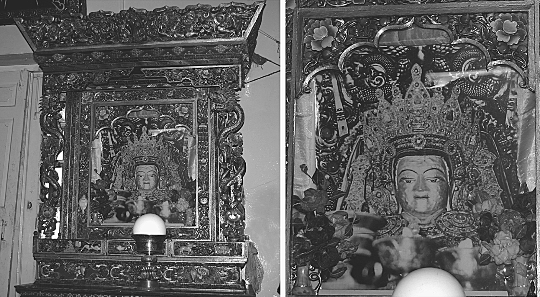 Side-by-side photographs in medium and close view of elaborate cabinet containing crowned bust of Buddha