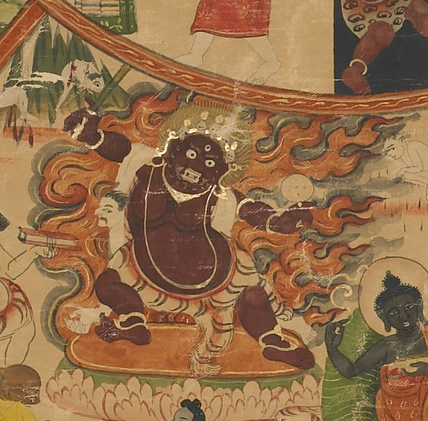 Wrathful deity wearing tiger and human pelts stands, outlined in flames, in dynamic pose
